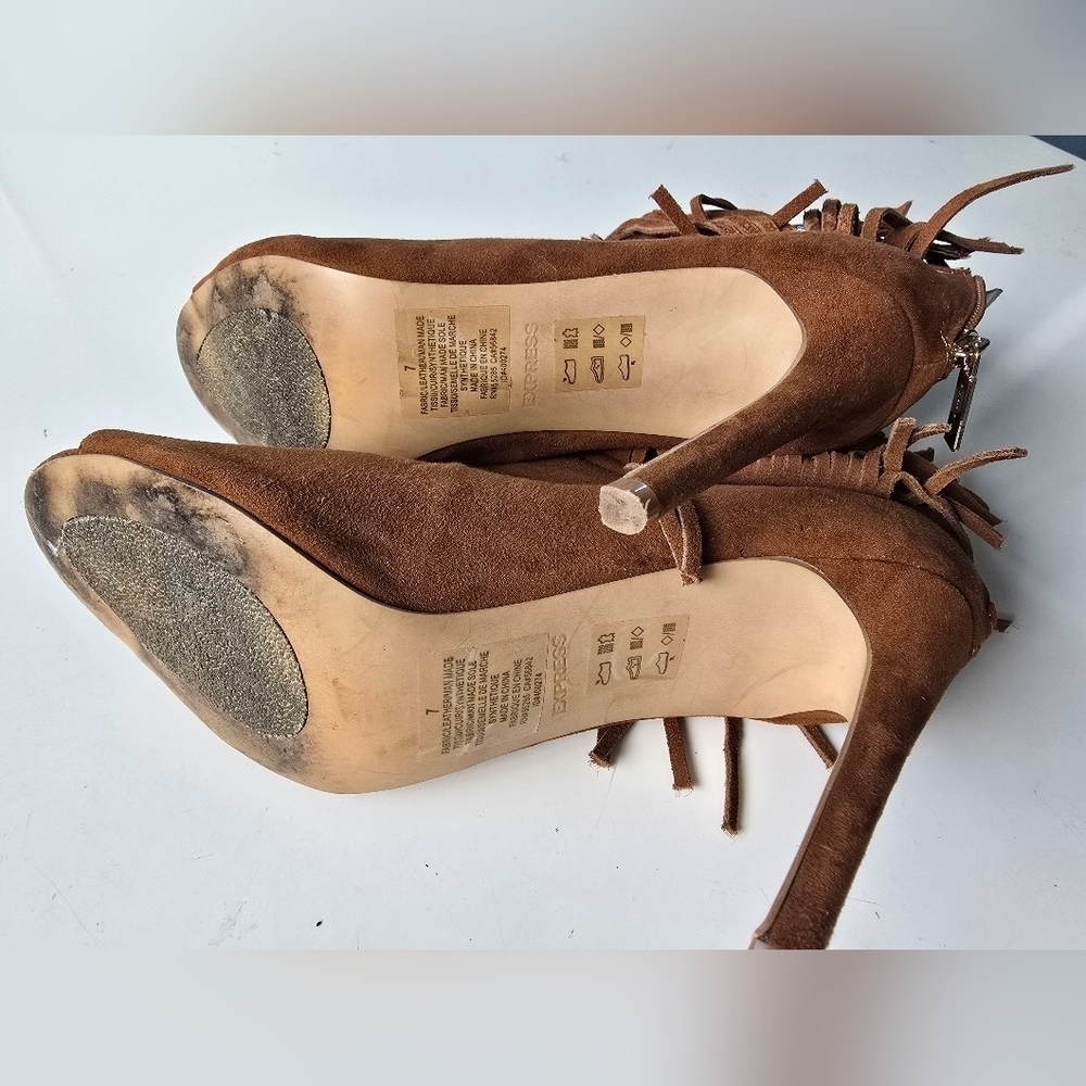 Express Boho Western Suede Fringe Peep Toe Brown Boots 7 - Picture 8 of 10